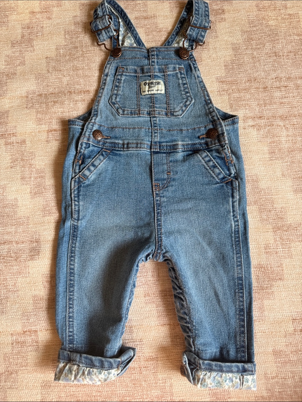 OshKosh B'gosh Light Blue Denim Overalls with Blue Floral Cuffed Hems size 9M